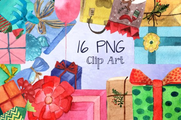 16 Watercolor Presents Clip Art Set