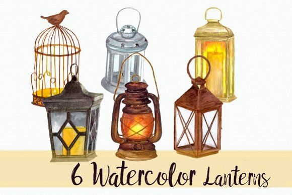 6 Watercolor Lanterns - Clip Art Set