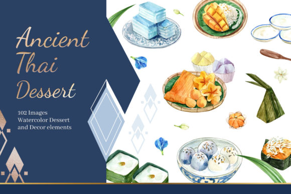 Ancient Thai Dessert Watercolor Set and Illustrations