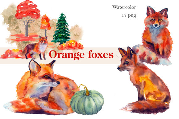 Autumn Watercolor Fox Animals Clipart and Illustrations