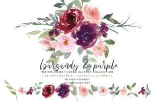 Burgundy Purple Watercolor Floral Set Illustrations