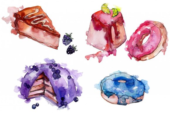 Dessert with Blueberries Watercolor Illustrations
