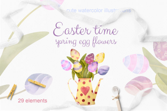 Easter Time. Set Watercolor Egg Flowers Illustrations