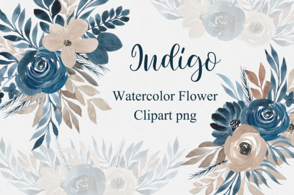 Indigo Watercolor Flower Clipart PNG and Illustrations