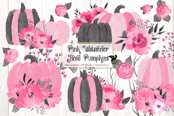 Pink Floral Watercolor Pumpkins Clipart & Illustrations