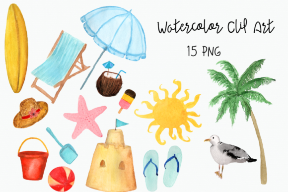 Watercolor Beach Clip Art and Illustrations
