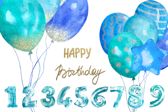 Watercolor Blue Balloons Clip Art Set and Illustrations