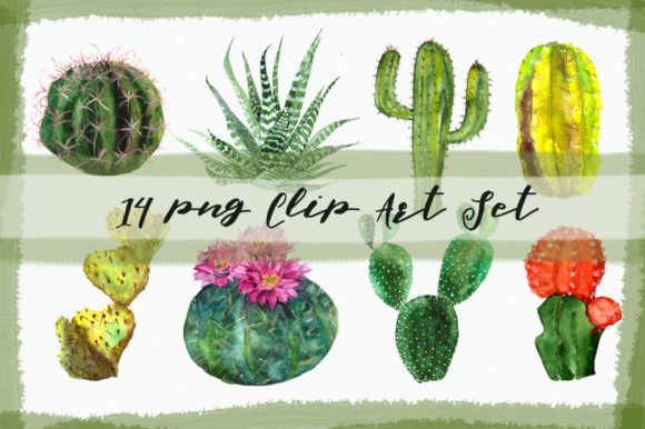 Watercolor Cactuses Clip Art Set and Illustrations