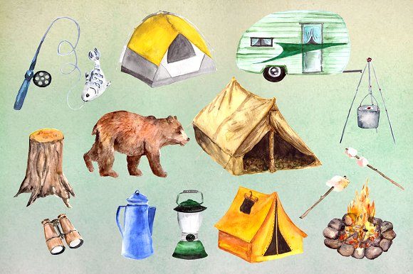 Watercolor Camping Clip Art Set and Illustrations