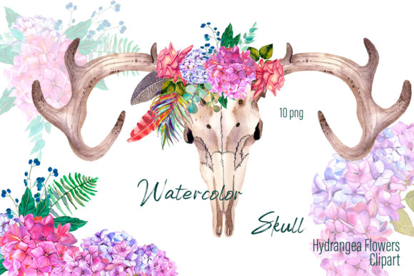 Watercolor Clipart Boho Skull, Flowers Illustrations