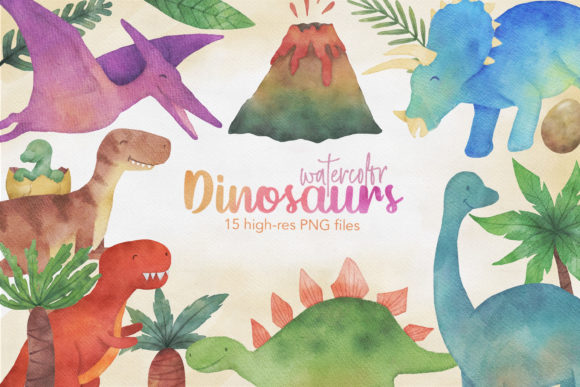 Watercolor Dinosaurs Clip Art and Illustrations