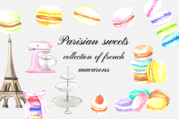 Watercolor French Macarons, Tour Eiffel Illustrations