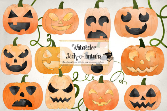 Watercolor Jack O Lanterns Clipart and Illustrations