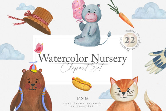Watercolor Nursery Clipart Animals and Illustrations