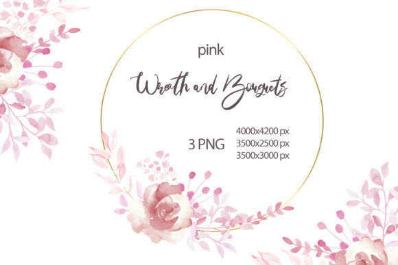 Watercolor Pink Roses Wreath Illustrations