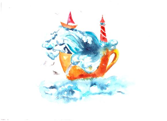 Watercolor Sea in a Cup Print Clip Art Illustrations