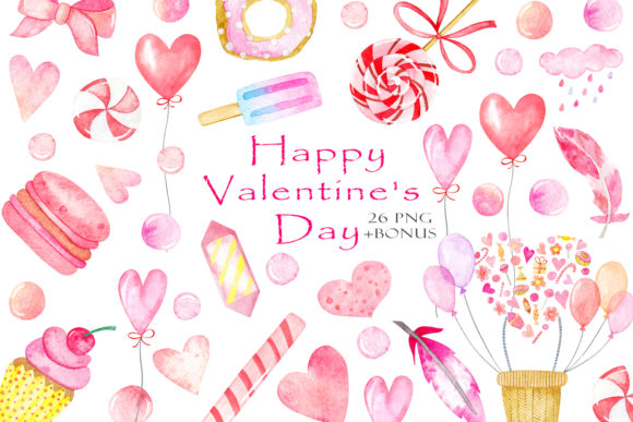 Watercolor Set of Cute Pink Clipart