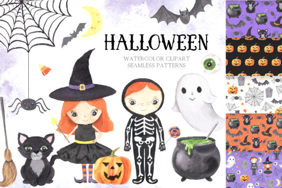 Watercolor Spooky Halloween Clipart and Illustrations